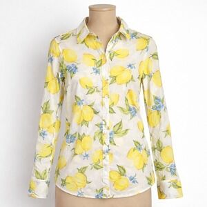 Lemon Print Lightweight Button Top Size XS Yellow White Cottagecore Fruit Garden
